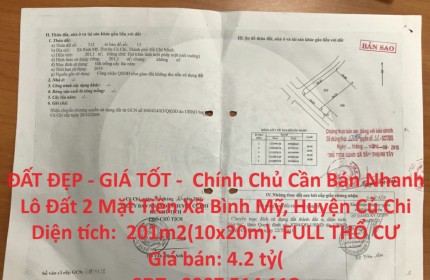 ĐẤT ĐẸP - GIÁ TỐT -  Chính Chủ Cần Bán Nhanh Lô Đất 2 Mặt Tiền Xã Bình Mỹ, Huyện Củ Chi